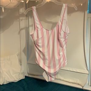 Pinstriped pink one piece bathing suit